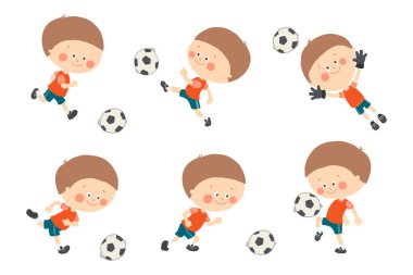 Soccer kid set. Cute caucasian boy playing football in red and blue sport uniform. Goalkeeper catching a soccer ball. Cartoon vector eps 10 illustration on white background. Flat colors. clipart