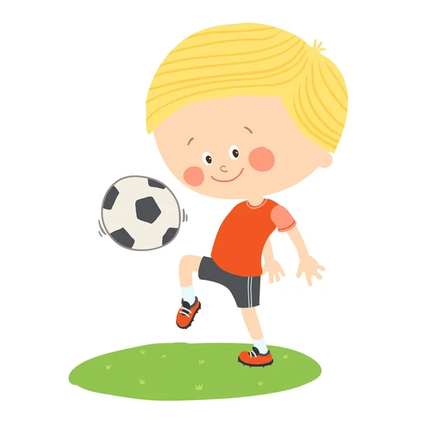 Petit garçon jouant au foot. Un enfant qui donne des coups de pied au football sur le terrain. Mignon enfant heureux jouant avec une balle. Dessin animé vecteur eps 10 illustration sur fond blanc . — Image vectorielle