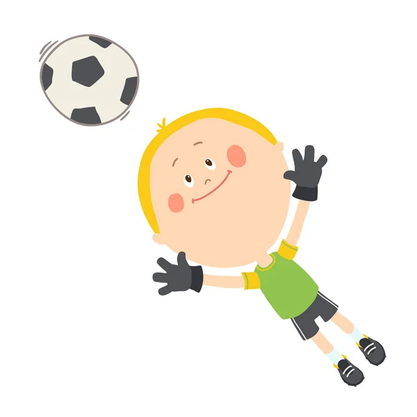 Un petit gardien attrapant un ballon de foot. Joli garçon jouant au foot sur le terrain de football. Joyeux gamin jouant avec une balle. Dessin animé vecteur eps 10 illustration sur fond blanc . — Image vectorielle