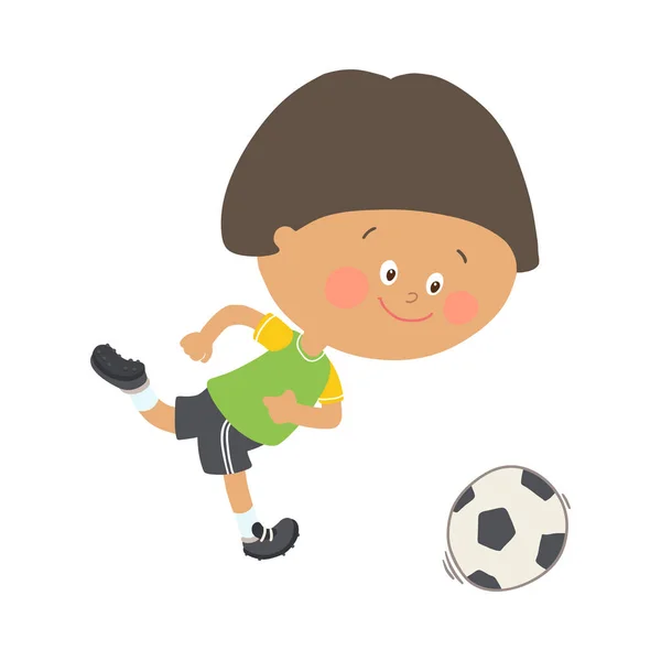 Little boy playing soccer. Child kicking football. Cute happy kid playing with a ball. Cartoon vector eps 10 illustration on white background.