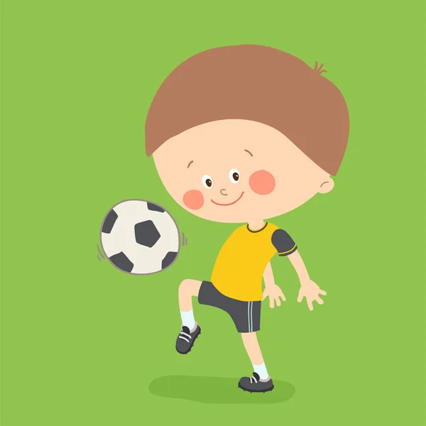 Niño jugando al fútbol. Niño pateando fútbol en el campo de fútbol. Lindo niño feliz jugando con una pelota. Dibujos animados vector eps 10 ilustración sobre fondo blanco . — Vector de stock