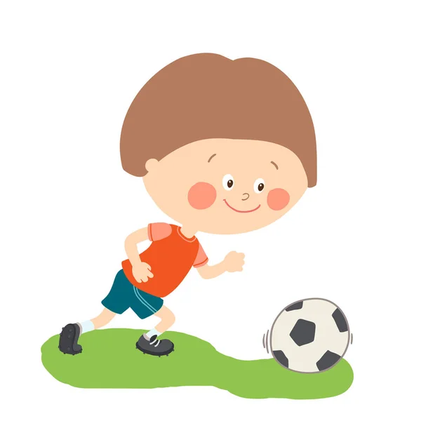 Niño jugando al fútbol en el campo de fútbol. Niño pateando fútbol. Lindo niño feliz jugando con una pelota. Dibujos animados vector eps 10 ilustración sobre fondo blanco . — Vector de stock