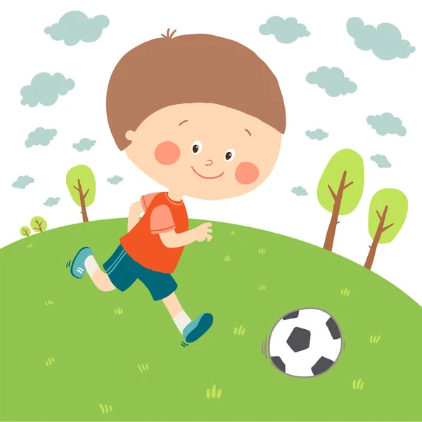 Niño jugando al fútbol en el campo de fútbol. Niño pateando fútbol. Lindo niño feliz jugando con una pelota. Dibujos animados vector eps 10 ilustración sobre fondo blanco . — Vector de stock