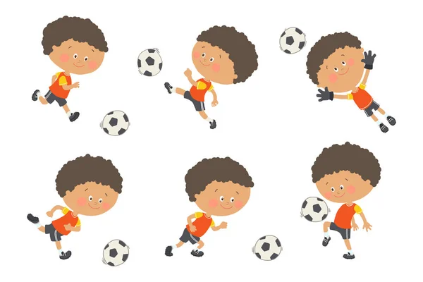 Soccer kid set. Cute boy playing football in yellow and black sport uniform. Goalkeeper catching a soccer ball. Cartoon vector eps 10 illustration on white background. Flat colors.
