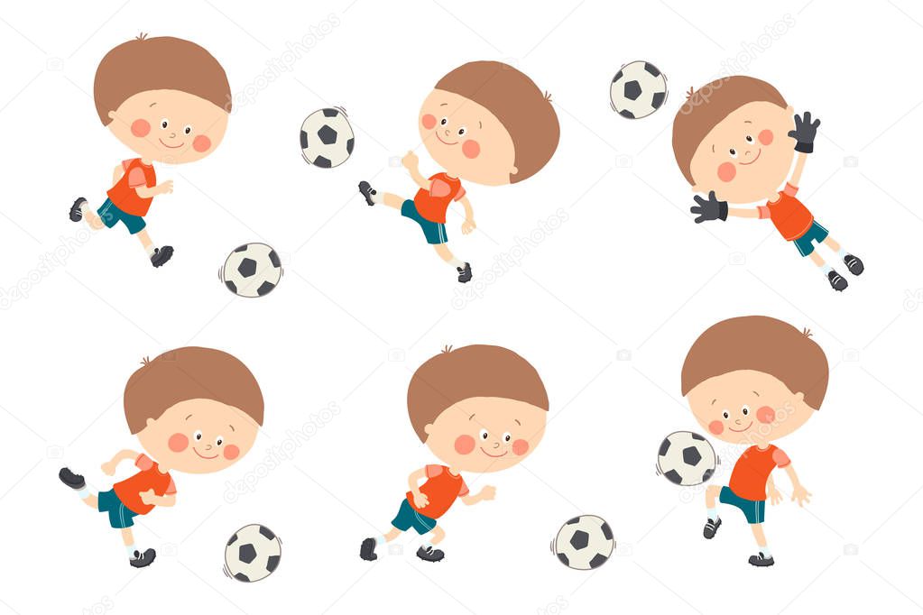 Soccer kid set. Cute caucasian boy playing football in red and blue sport uniform. Goalkeeper catching a soccer ball. Cartoon vector eps 10 illustration on white background. Flat colors.