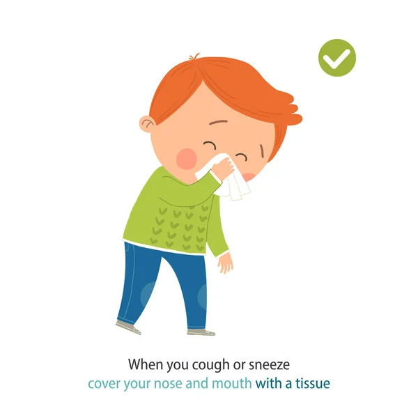 How to sneeze and cough properly. Cute little boy sneezing. When you cough or sneeze cover your mouth with a tissue. Prevention against Covid-19 and Infection. Hygiene Concept. Vector illustration. — Stock Vector