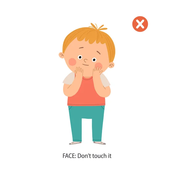 Rör inte affischen. Söt pojke som rör sitt ansikte. Fel gester. Förebyggande mot Covid-19 och infektion. Tecknad vektor eps 10 handritad illustration isolerad på vit bakgrund. — Stock vektor