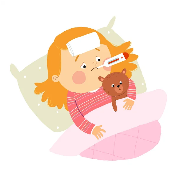 Εικονογράφηση ενός άρρωστου κοριτσιού τυλιγμένο σε κουβέρτα και με μια συμπίεση στο κεφάλι του. Κινούμενο χέρι drawn10 εικόνα απομονώνονται σε λευκό φόντο σε επίπεδο στυλ. — Φωτογραφία Αρχείου