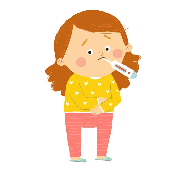 En tjej som har feber. Tecknad handdragning10 illustration isolerad på vit bakgrund i en platt stil. — Stockfoto