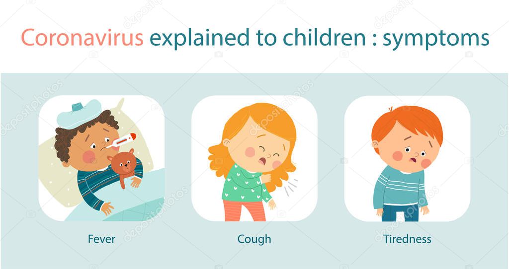 Coronavirus epidemic. Cartoon infographics for children and parents about symptoms 2019-nCoV. Cartoon hand drawn10 illustration isolated on white background in a flat style.