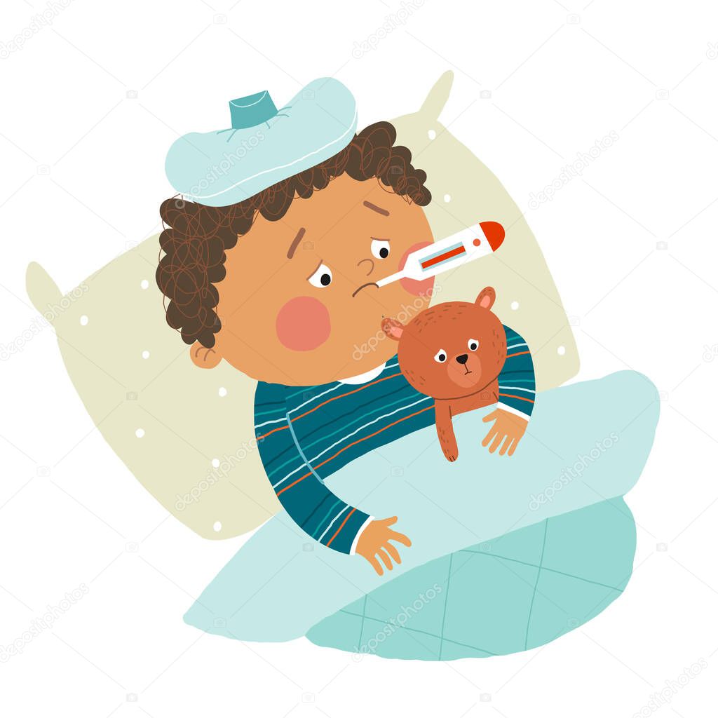Pequeño niño afroamericano enfermo en la cama con termómetro y abrazo oso de peluche. Dibujos animados dibujados a mano10 ilustración aislada sobre fondo blanco en un estilo plano. 2023 Pequeño niño afroamericano enfermo en la cama con termómetro y abrazo oso de peluche. Dibujos animados dibujados a mano10 ilustración aislada sobre fondo blanco en un estilo plano. 2023