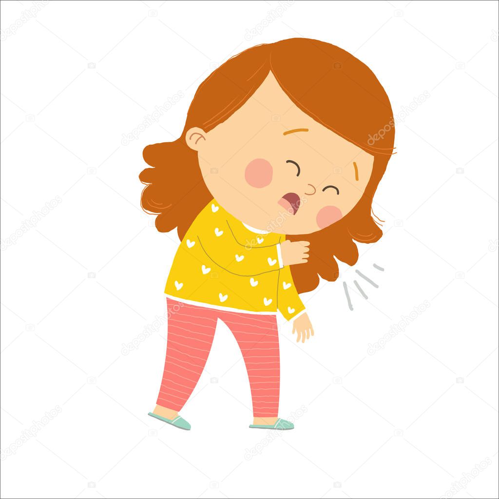 Little girl coughing. Cartoon hand drawn10 illustration isolated on white background in a flat style.