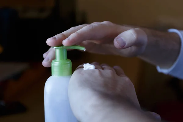 Smearing Moisturizer Damaged Hands Cream Jar Dispenser — Stock Photo, Image