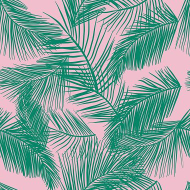 Tropikal palmiye Dikişsiz desen bırakır. Vektör çizim. Doğa organik illüstrasyon. Yeşil ve pembe palm desen bırakır. Palm doku ile modaya uygun arka plan.