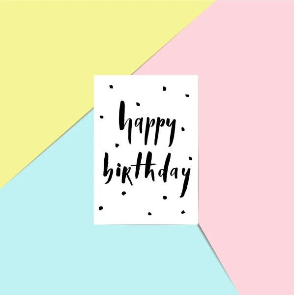 Happy Birthday Brush Lettering Card Pink Blue Yellow Background Vector — Stock Vector