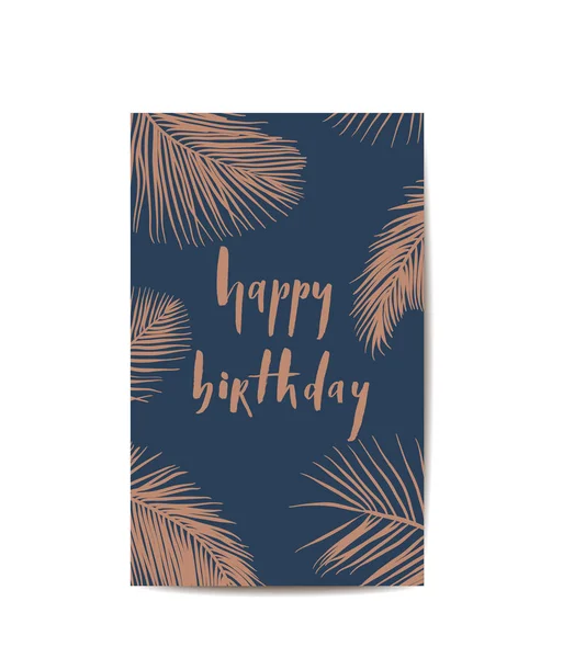 Buon Compleanno Carta Lettering Pennello Con Vettore Foglie Palma Disegno — Vettoriale Stock