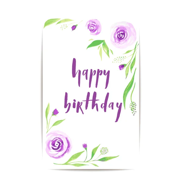Happy Birthday Brush Lettering Card Watercolor Roses Leaves Vector Typography — Stock Vector