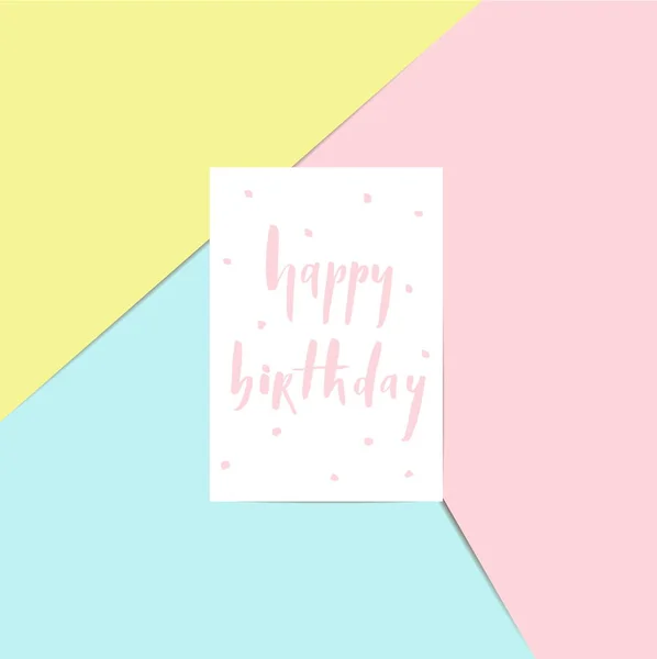 Happy Birthday Brush Lettering Card Pink Blue Yellow Background Vector — Stock Vector