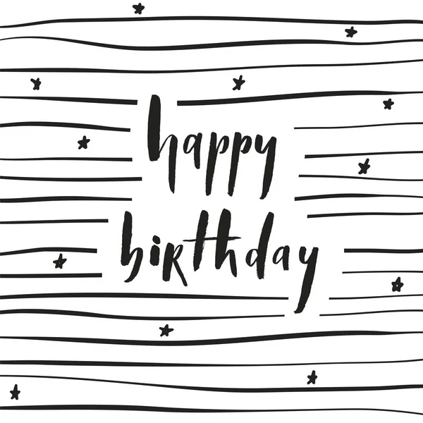 Happy Birthday Brush Lettering Card Transverse Lines Stars Vector Typography — Stock Vector