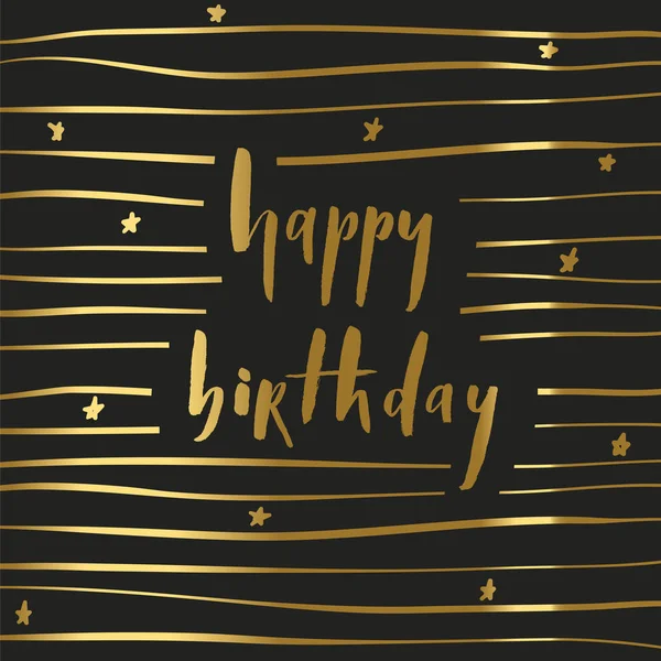 Happy Birthday Gold Brush Lettering Card Transverse Lines Stars Vector — Stock Vector