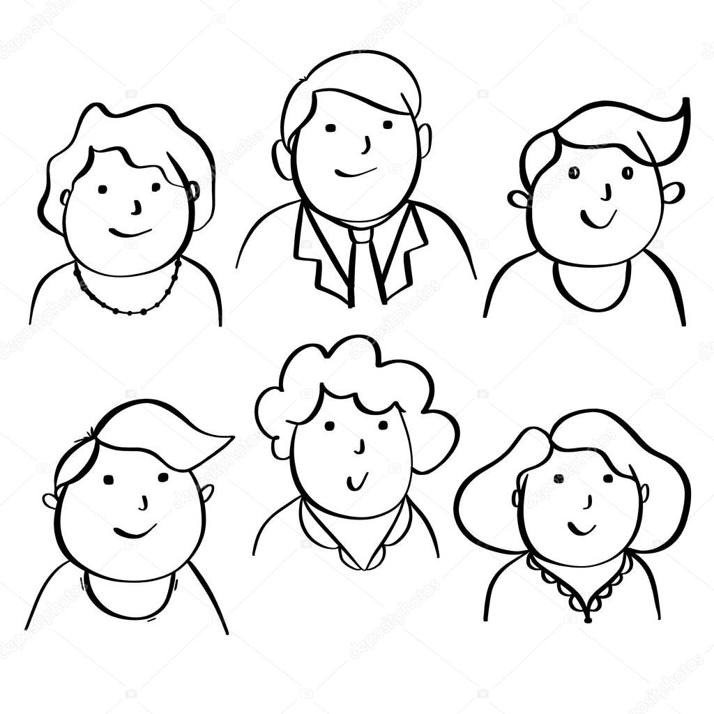 People sketch collection. Set of various happy men and women, mixed age expressing positive emotions. Hand drawn line art cartoon vector illustration.