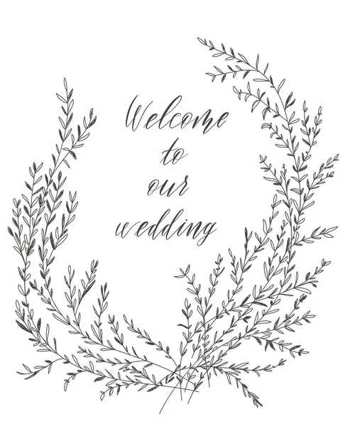 Willkommen Unserer Hochzeit Handgezeichnete Schriftzüge Und Brunches Für Design Hochzeitseinladungen — Stockvektor