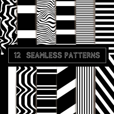 Sorunsuz siyah ve beyaz çizgili desenler vektör kümesi.