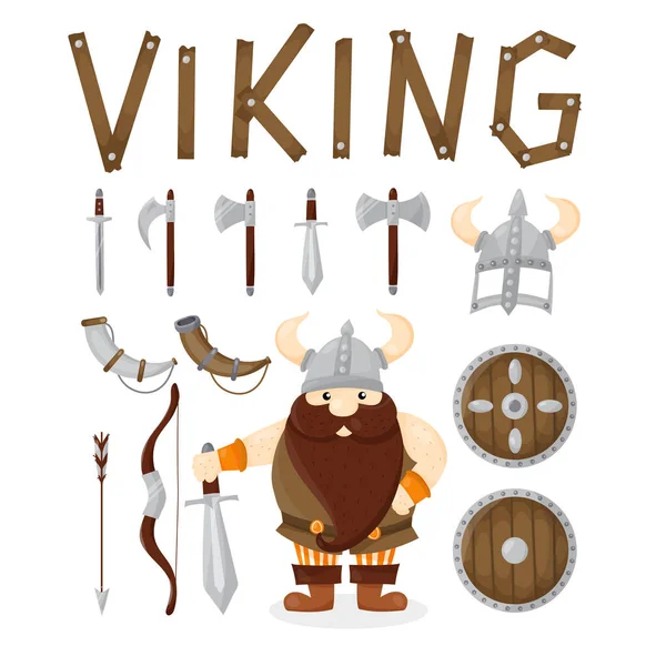 Personaje Dibujos Animados Vikingo Conjuegos Armas Cuernos Escudos Máscaras Arco — Vector de stock