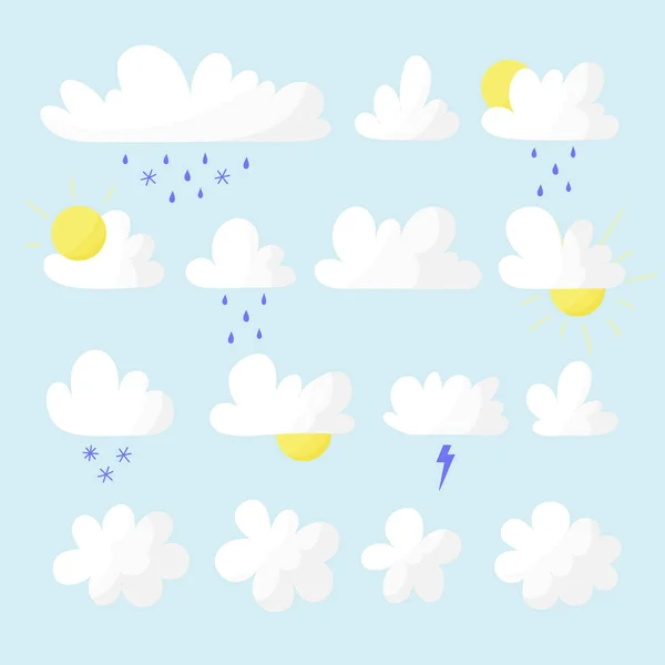 Nubes Tiempo Dibujos Animados Aislados Cielo Azul Vector Conjunto — Vector de stock