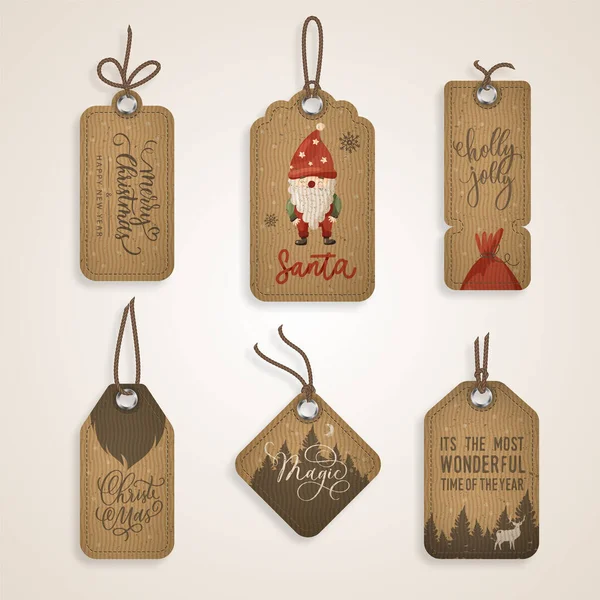 Ensemble vectoriel d'étiquettes de papier de vente de Noël avec père Noël, cerf et cadeau avec calligraphie pour Noël vacances shopping promotion. — Image vectorielle