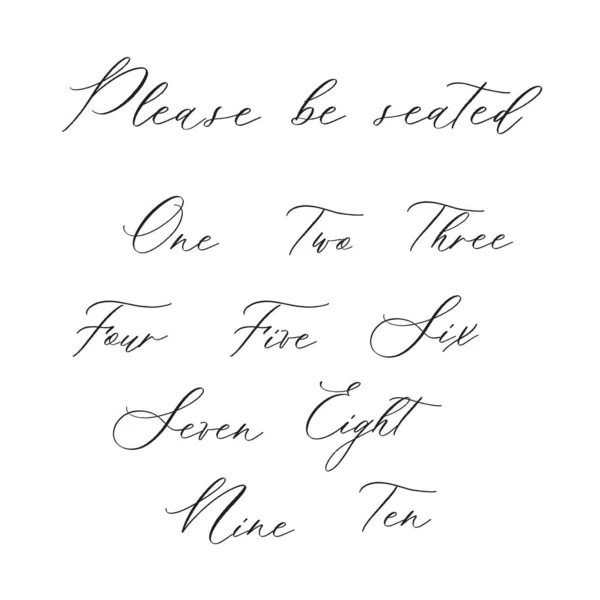 Proszę usiąść - ręcznie rysowany nowoczesny napis kaligraficzny na tabliczce ślubnej z numerem. — Wektor stockowy