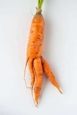 Beyaz arka planda tepesi olan çirkin havuçlar.