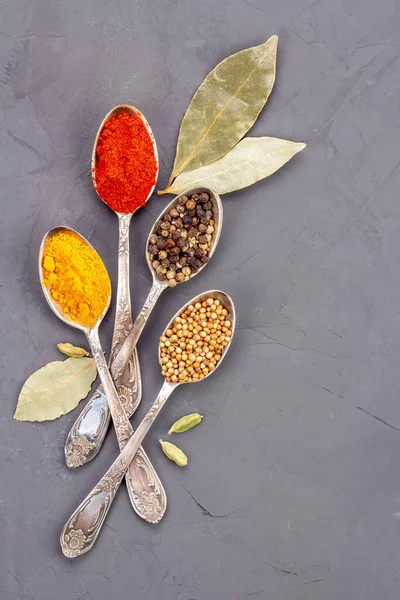 Turmeric powder, paprika, coriander and black peppercorns in metal teaspoons on a gray background