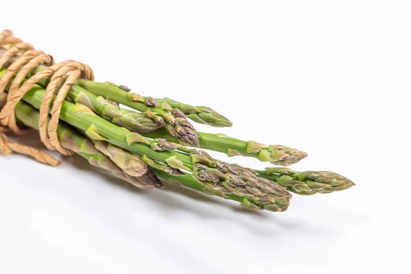 Green White Fresh Asparagus Tied Gray Rope Gray Background High — Stock Photo, Image