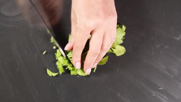 Sałatka zielenina krojenie na szarym tle zbliżenie widok z góry — Wideo stockowe