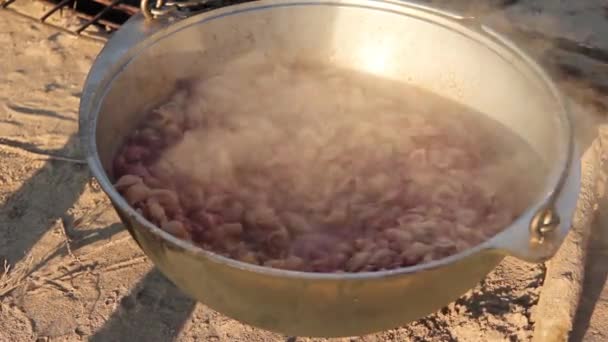 Pasta met bonen wordt gekookt in een metalen ketel op een kampvuur in de natuur — Stockvideo