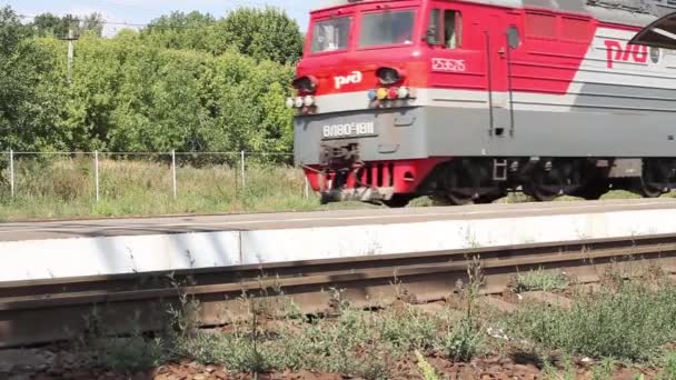 Goederentrein passeert het station op een zonnige zomerdag close-up — Stockvideo