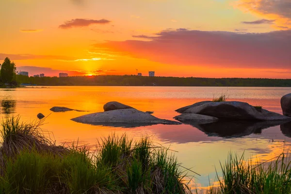 Belo Pôr Sol Lago Vista Lago Floresta Pôr Sol — Fotografia de Stock