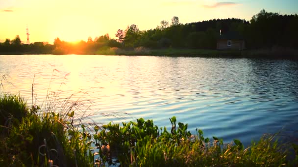 호숫가의 천천히 석양을 움직이는 호수의 — 비디오