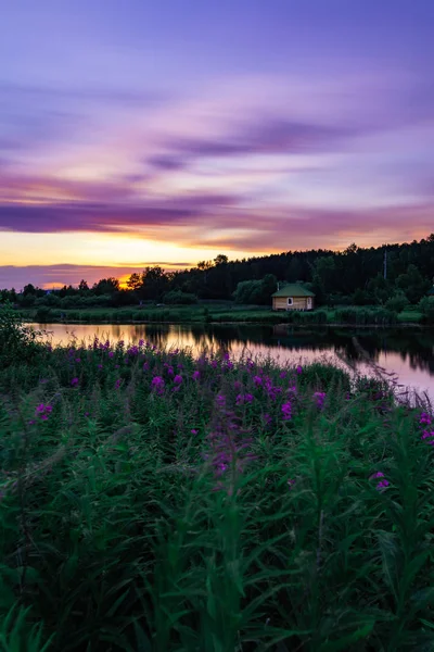 Прекрасний довгий експозиційний пейзаж на заході сонця з фіолетовим небом і квітами і самотнім маленьким будинком на березі маленького ставка — стокове фото