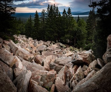 ağaçlar la çerçeveli kayalık dağdan vadinin görünümü