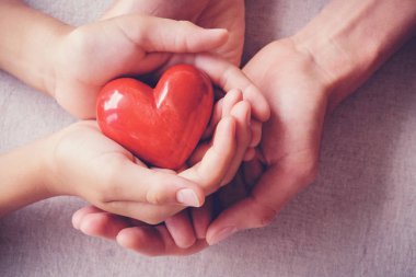 Yetişkin ve çocuk elleri holiding kırmızı kalp, sağlık, aşk, bağış, sigorta ve Aile kavramı