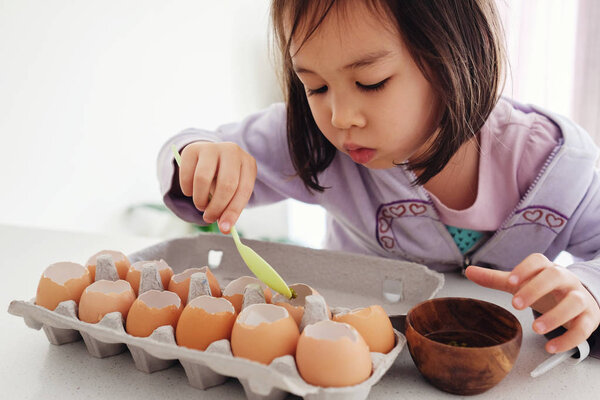 Mixed Asian girl planting seeds into eggshells, eco gardening,  montessori, education, reuse concept