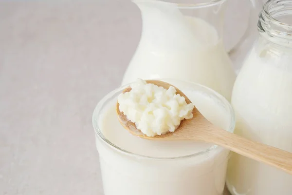 Grani Kefir Latte Probiotico Biologico Funghi Tibetani Cucchiaio Legno Latte — Foto Stock