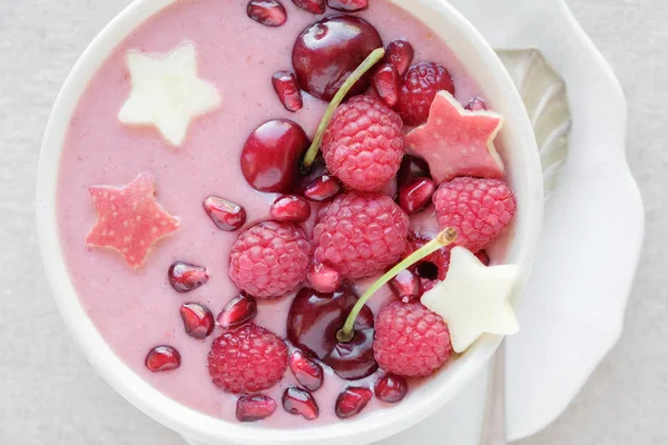 Red Pink Smoothie Bowl Cherry Strawberry Raspberries Pomegranate — Stock Photo, Image
