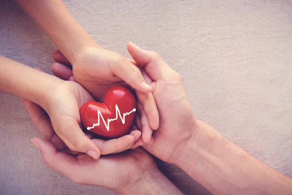 Adulto Criança Mãos Feriado Coração Vermelho Cuidados Saúde Amor Dar — Fotografia de Stock