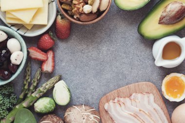 Yuvarlak çerçeve yaptı sağlıklı gıda, Ketogenic diyet, düşük karbonhidrat.
