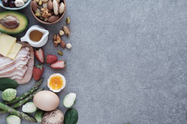 Polietilen, sağlıklı gıda, düşük karbonhidrat Ketogenic diyet kenarlık.