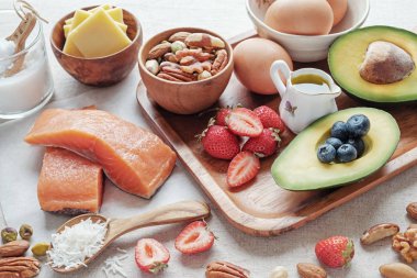Arka plan ile farklı gıda, ketogenic diyet, düşük karbonhidrat, yüksek iyi yağ.