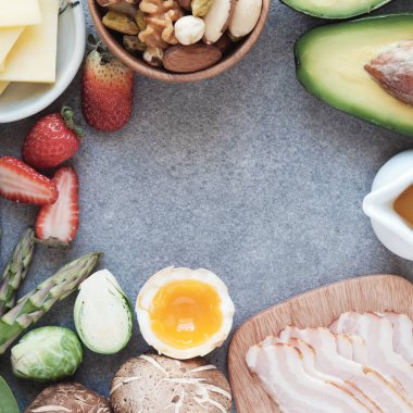 Yuvarlak çerçeve yaptı sağlıklı gıda, Ketogenic diyet, düşük karbonhidrat.